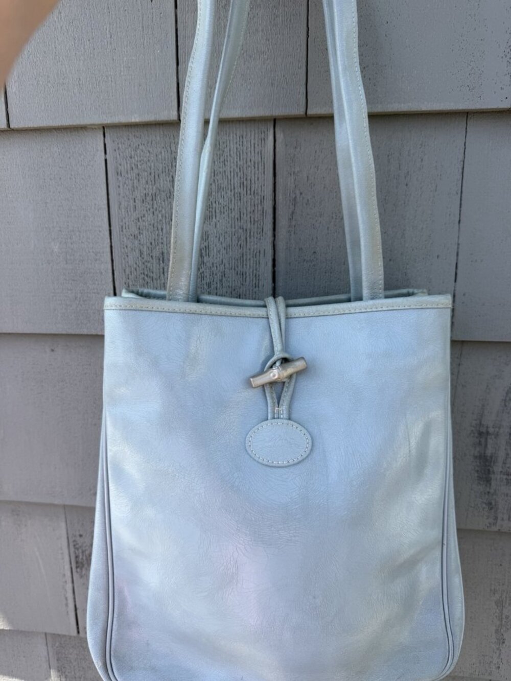 Vintage 90s Longchamp light blue leather double handle shoulder bag preppy - Picture 2 of 16